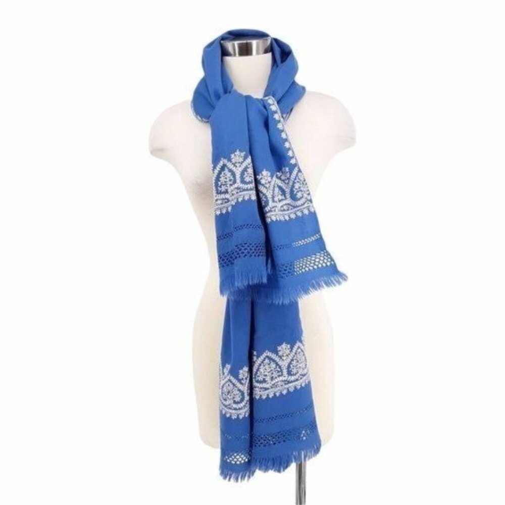 Vintage Hand Embroidered Scarf Wrap Blue White Numbered